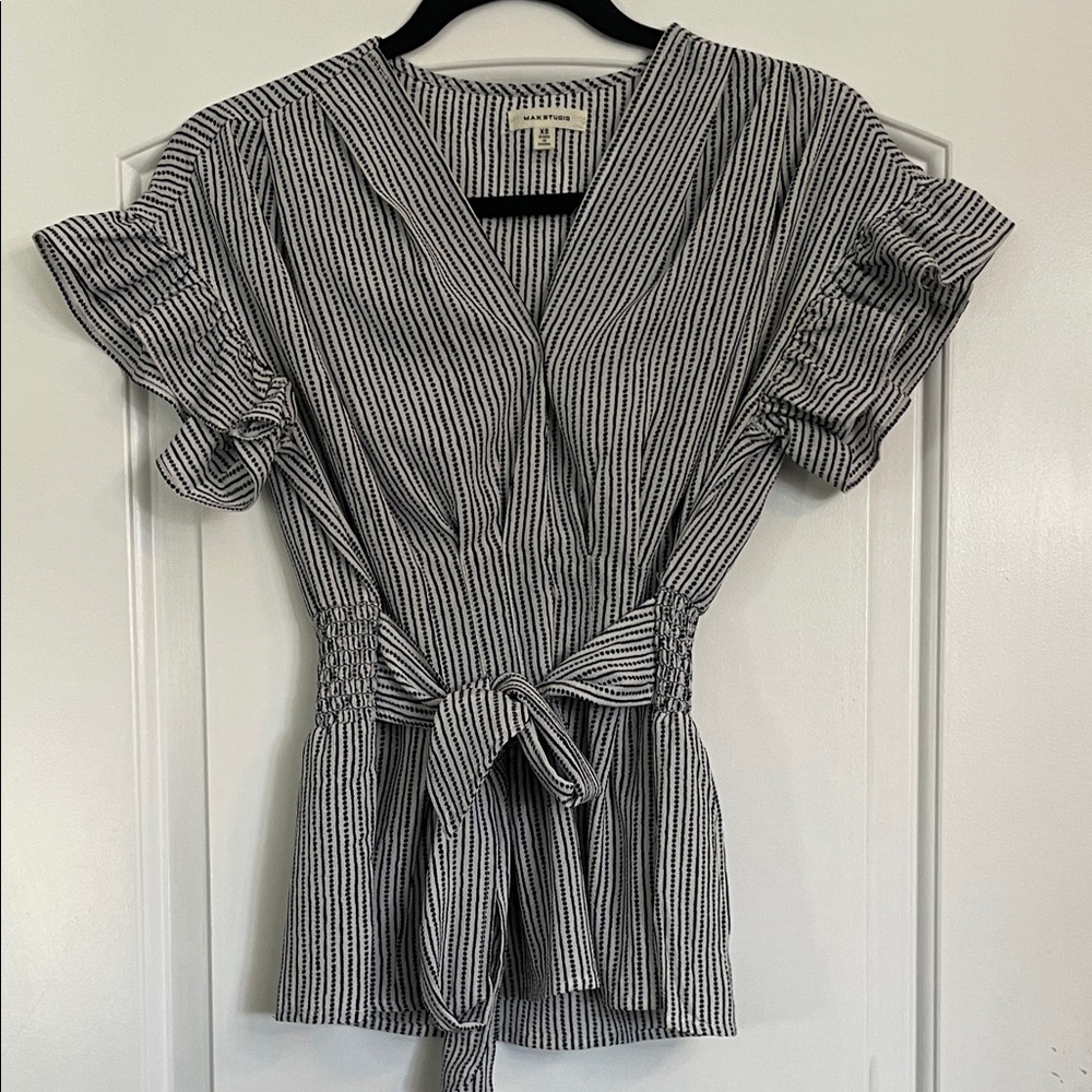 Max Studio Black and White Striped Ruffle Sleeve Blouse